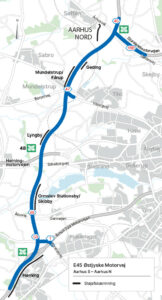 Plan for støjafskærmning langs E45 ved Aarhus. Kort: Vejdirektoratet.