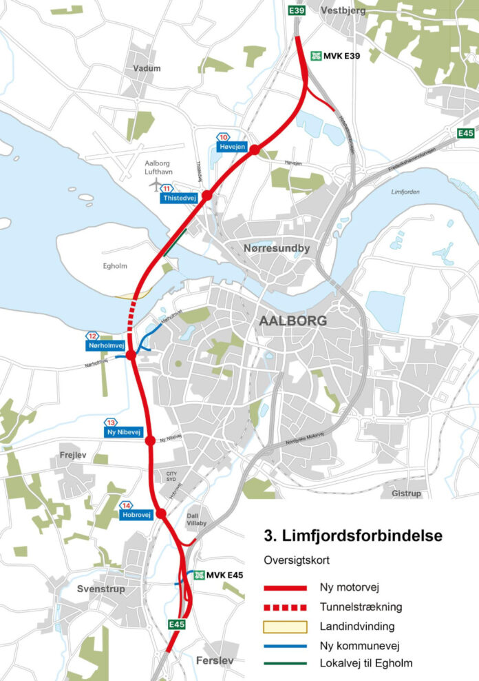 Den planlagte linjeføring for den 3. Limfjordsforbindelse. Illustration: Vejdirektoratet.