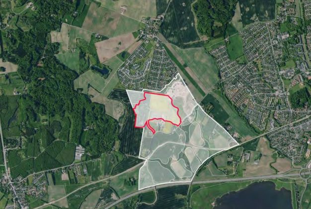 Tækker Group står bag udviklingen af Nye ved Elev. Anden etape omfatter et 233.000 kvadratmeter stort areal markedet med rødt. Illustration: Aarhus Kommune.