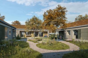 Behandlingsstedet Egedal i Odsherred opfører tre tiny house-inspirerede boliger som led i projektet At Bo i Ro. Visualisering: Tegnestuen Stedse.