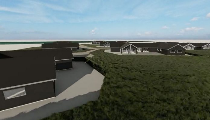 Selskabet Udlejningshuse ApS vil bygge 30 store sommerhuse ved Skåstrup Strand. Visualisering fra lokalplanen.