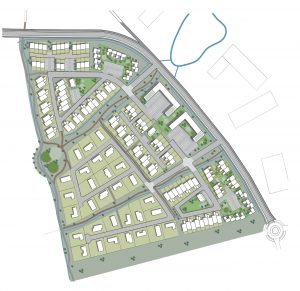En vejledende ilustrationsplan, der viser, hvordan området kan disponeres. Illustration: Favrskov Kommune.