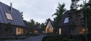 Boligprojektet Olufs Have med rækkehuse og tiny houses i Ulbølle ved Svendborg. Visualisering: Pax Arkitekter.