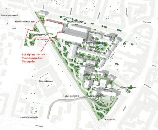 Ny lokalplan skal bane vejen for et nyt parkeringshus og en tunnel ved Sygehus Nord i Aalborg. Illustration: Aalborg Kommune.
