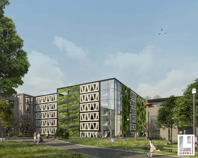 Vindmøllevinger fra Nordjylland får nyt liv i nyt parkeringshus i Lund i Sverige. Visualisering: Lloyd's Arkitektkontor.