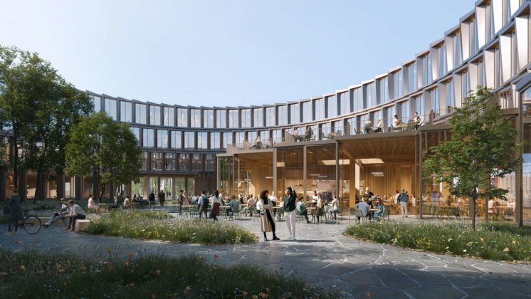 Henning Larsen, Rambøll, Artelia Group og Brière Architectes har vundet en international konkurrence om at designe en ny campusbygning på Cerns Prévessin Campus. Visualisering: Henning Larsen.
