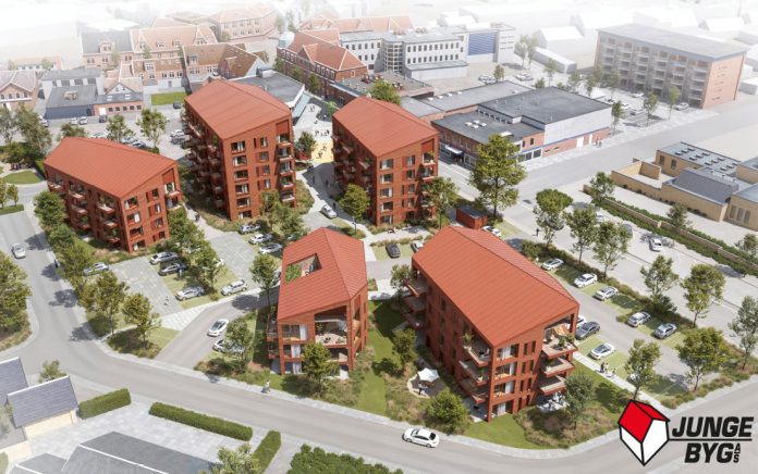 Junge Byg vil bygge nye lejligheder mellem Engvej og Vesterbrogade i Grindsted i projektet Præstegårdstorvet.
