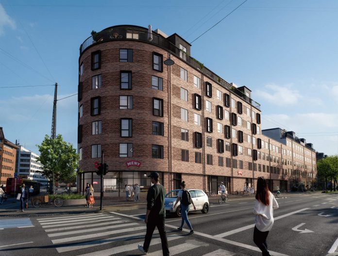 KFI står bag de 77 nye lejligheder på Toftegaards Plads i Valby. Visualisering: Arkitema.