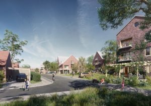 Alfa Development udvikler en ny bydel omkring Mørkhøjgård i Gladsaxe. Visualisering: Holscher Nordberg.