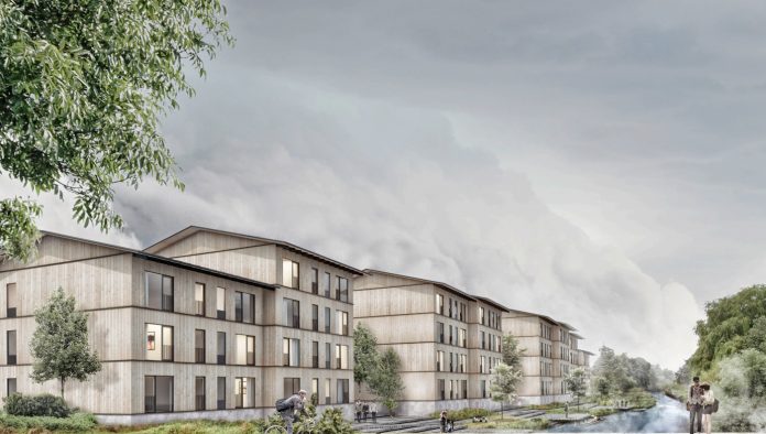 Østerbo vil bygge 80 boliger i etagebyggeri i træ på Boulevarden i Vejle. Visualisering: Ravn Arkitektur.