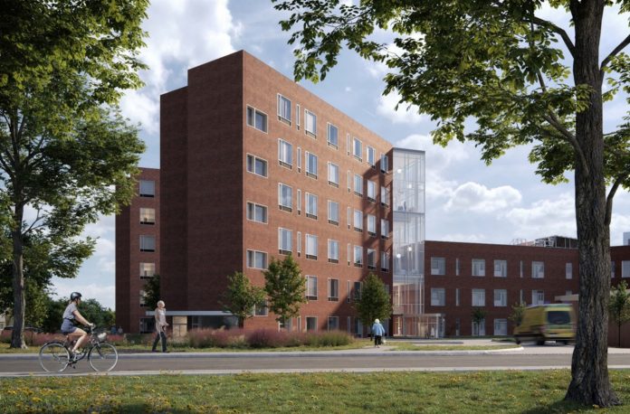 Ny sengebygning ved Sjællands Universitetshospital i Nykøbing Falster skal bygges af G.V.L Entreprise. Visualisering: Arkitema.