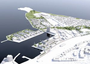 Struer Havn skal omdannes til en ny bydel. Visualisering: CFBO.