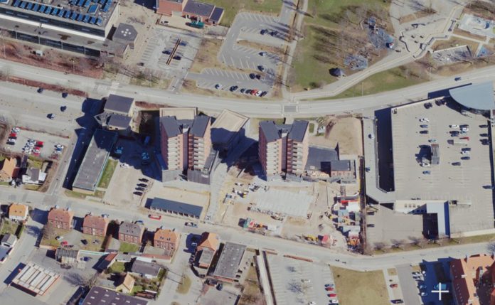 Trigon står bag de to boligblokke, der er blevet bygget på Værkergrunden i Frederikshavn. Foto: Styrelsen for Dataforsyning og Infrastruktur.