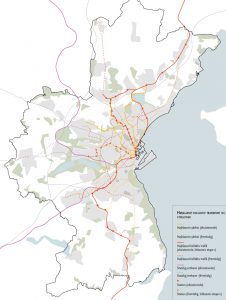 Plan for udbygning af den højklassede kollektive trafik og supercykelstier i Aarhus Kommune. Kilde: Planstrategi 2023, Aarhus Kommune.