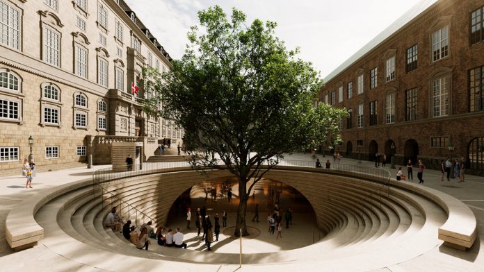 folketinget-rigsarkivet-projektkonkurrence-team-cobe Den nye cirkelformede, underjordiske besøgsindgang i Rigsdagsgården er inspireret af oldtidens tingsted og Folketingssalens karakteristiske indretning. Midt i ankomstrummet står et egetræ, der symboliserer demokratiets rødder. Visualisering: Team Cobe.