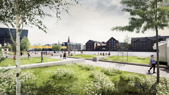 soeren-kirkegaards-plads-koebenhavn-omdannes-til-groent-byrum-traer-f-bogl-mfl Illustration af byrumsforsøg under Tour de France i 2022 på Søren Kierkegaards Plads. BOGL, Plads, Malmos Landskab og Social Craft Tekstiler stod bag anlæg og realisering.