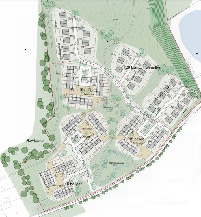 Birch Ejendomme står bag nyt boligområde med rækkehuse og parcelhuse i Haslund ved Randers. Illustrationsplan fra lokalplanen.