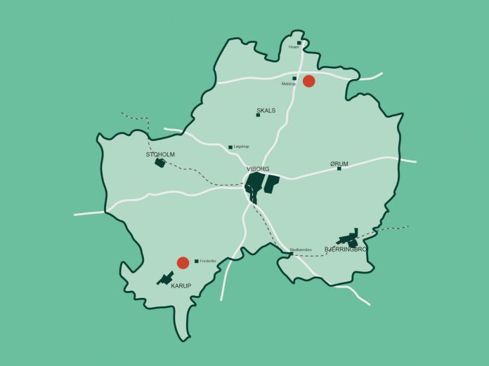 Hvor skal det nye fængsel i Viborg ligge? Kommunen arbejder med to mulige placeringer i henholdsvis øst for Møldrup og syd for Firehuse. Illustration: Viborg Kommune.