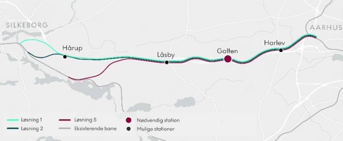 Tre linjeføringer til ny jernbane mellem Aarhus og Silkeborg undersøges. Illustration: Transportministeriet.