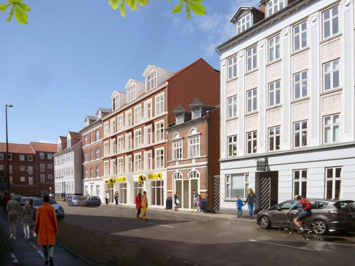 Tang+Krogh Ejendomme står bag nybyggeri med boliger og en Netto-butik på Klostergade i Aarhus. Visualisering: Dreyer Arkitekter.