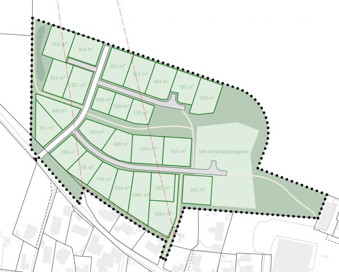 Lokalplan baner vej for nyt boligområde med blandt andet rækkehuse nord for Glesborg Kærvej. Illustration fra lokalplanen.