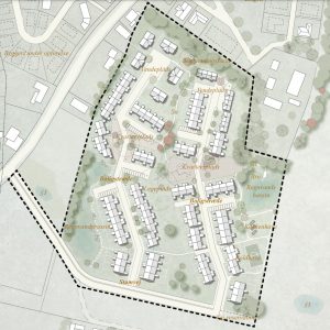 Boligområdet udformes som to separate boligklynger langs to boligstræder. Illustrationsplan fra lokalplanen.