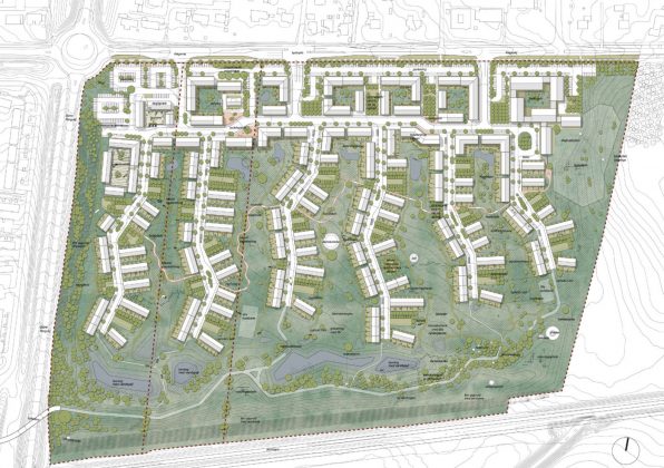 Illustrationsplan, der viser, hvordan områdets bebyggelse kan komme til at se ud. Fra lokalplanen.