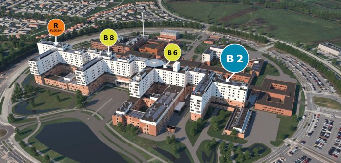 Sjællands Universitetshospital: De sidste tre sengebygninger i byggeprojektet er markeret på kortet, hvor B2 fremrykkes og åbner året før de øvrige to. B6 og B8 afleveres i 2026. Den første sengebygning, R-fløjen, åbnede i 2023. Foto: Region Sjælland.