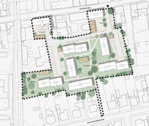 Nyt boligkvarter mellem ellem Vestergade og Chr. Richtersgade i Store Heddinge er på tegnebrættet. Illustrationsplan fra lokalplanen.