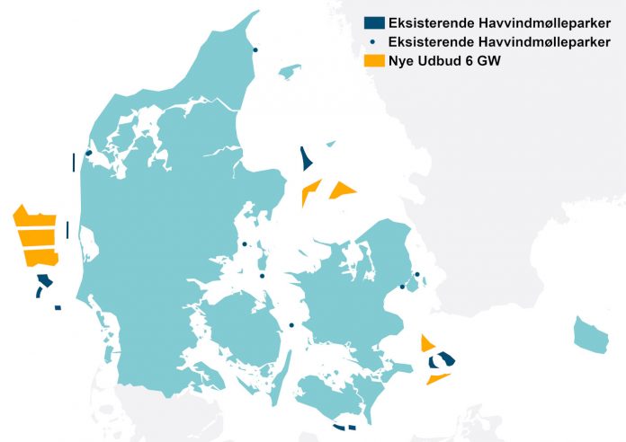 Kort over de udbudte parker samt eksisterende havvindmølleparker i Danmark: Energistyrelsen.