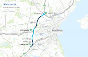 E45 Østjyske Motorvejen udvides i fire etaper omkring Aarhus. Kort: Vejdirektoratet.