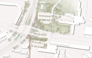 Ved den tidligere rundkørsel i Buddinge skal der fra 2025 skal være forplads til letbanestation. Illustration: Arkitema / Cowi.