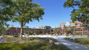 Ikano Bolig vil omdanne de tidligere rådhusbygninger i Høje-Taastrup til boliger. Visualisering: Lendager Arkitekter.