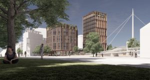 Nordicals Odense skal stå for udlejningen af kontorlokalerne i højhuset, som A. Enggaard og PKA opfører i Banebyen. Visualisering: C.F. Møller Architects.