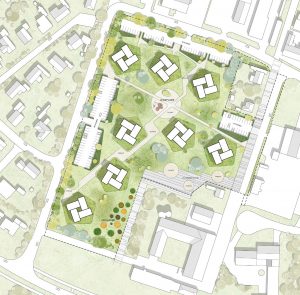 I alt skal der bygges 128 boliger fordelt på otte punkthuse på DLG-grunden i Nykøbing Falster. Illustration fra lokalplanen.