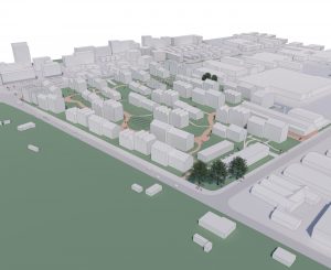 Erhvervsområde i Rødovre skal omdannes til boligområde. Volumenskitse: Adept.