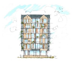 Tømrermester Lars Timmer vil bygge et højhus Hvide Sande. Visualisering: Arkitektfirmaet Bo Christensen.
