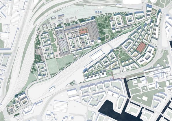 Situationsplan, der viser et eksempel på en mulig bebyggelsesplan for Jernbanebyen i overensstemmelse med lokalplanen. Illustration: Team Cobe.