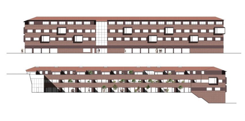 Illustration af facader mod Sydbanegade og gårdrum efter ombygning til boliger på første og anden sal samt ombygning af tredje sal. Illustration fra lokalplanen.