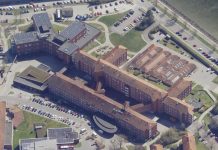 Sygehus udvider personalehotel med 20 værelser Sjællands Universitetshospital i Nykøbing Falster. Foto: Styrelsen for Dataforsyning og Infrastruktur.