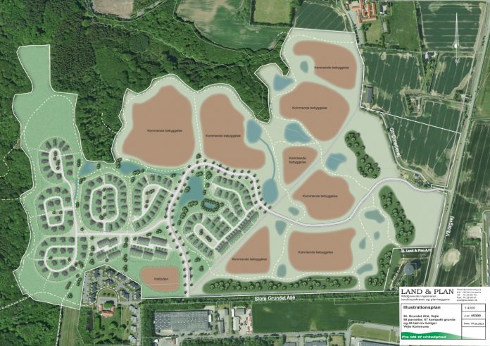 I første omgang skal der bygges omkring 180 boliger i Grundet Skovby. Illustration: Vejle Kommune.