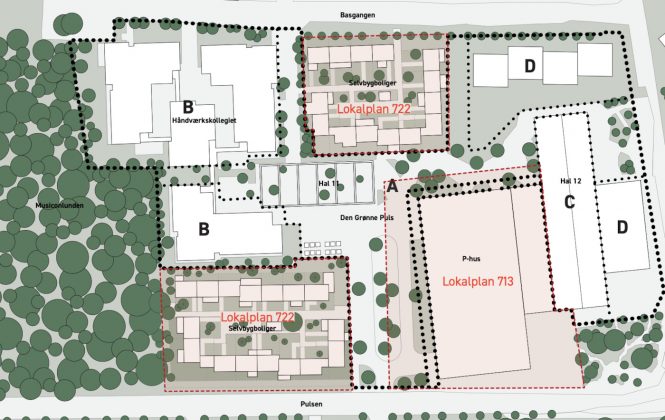 Der er forskellige lokalplaner for de enkelte projekter i Hal 12-kvarteret på Musion. Illustration: Roskilde Kommune.