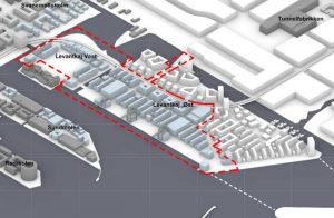 Foreløbig volumenmodel af bygherres forslag til bebyggelsesplan set fra sydøst mod nordvest. De blå bygninger er nye bygninger i det aktuelle lokalplanforslag. De grå bygninger er eksisterende og de hvide er bygherres volumenstudier af de omkringliggende områder. Lokalplanafgrænsningen for Levantkaj er vist med rød stiplet linje. Illustration: Entasis.