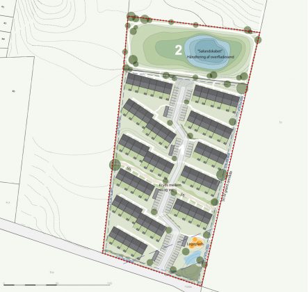 Oversigt over grunden, hvor der kan bygges 66 rækkehuse. Illustration fra lokalplanen.