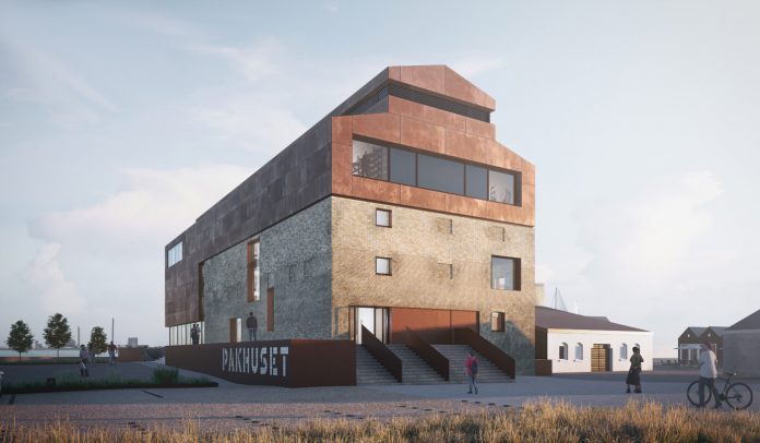 Et gammelt pakhus på havnen i Kalundborg omdannes til kulturhus med bibliotek. Visualisering: Cebra Architecture.