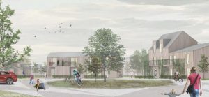 PAB står bag projektet med 57 nye lejligheder ved Stenlængegård i Næstved. Visualisering: Aart Architects.