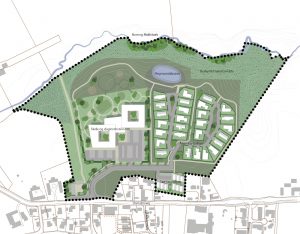 Nord for Damsbrovej i Foldby-Norring skal der bygges en ny skole, en ny daginstitution og nye parcel- og rækkehuse. Illustration: Favrskov Kommune.