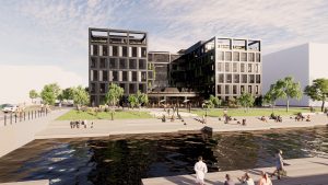 Industriens Pension og Nordstern bygger nyt domicil til Bruun & Hjejle i Nordhavn i København. Visualisering: Henning Larsen Architects.