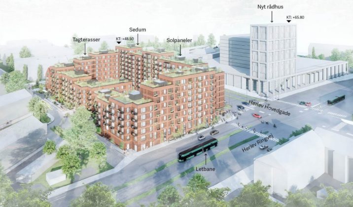 C.W. Obel Ejendomme vil bygge 300 boliger på Bangs Torv i Herlev. Visualisering fra lokalplanen.