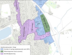 Hanssen Ejendomme vil etablere 7.000 kvadratmeter butikker i et nyt aflastningsområde ved Bygmestervej i Ringe. Illustration: Faaborg-Midtfyn Kommune.